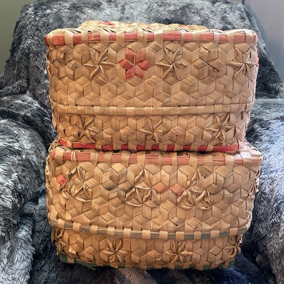 2 Handwoven Natural and Pink Storage Baskets - Picture 9 of 16